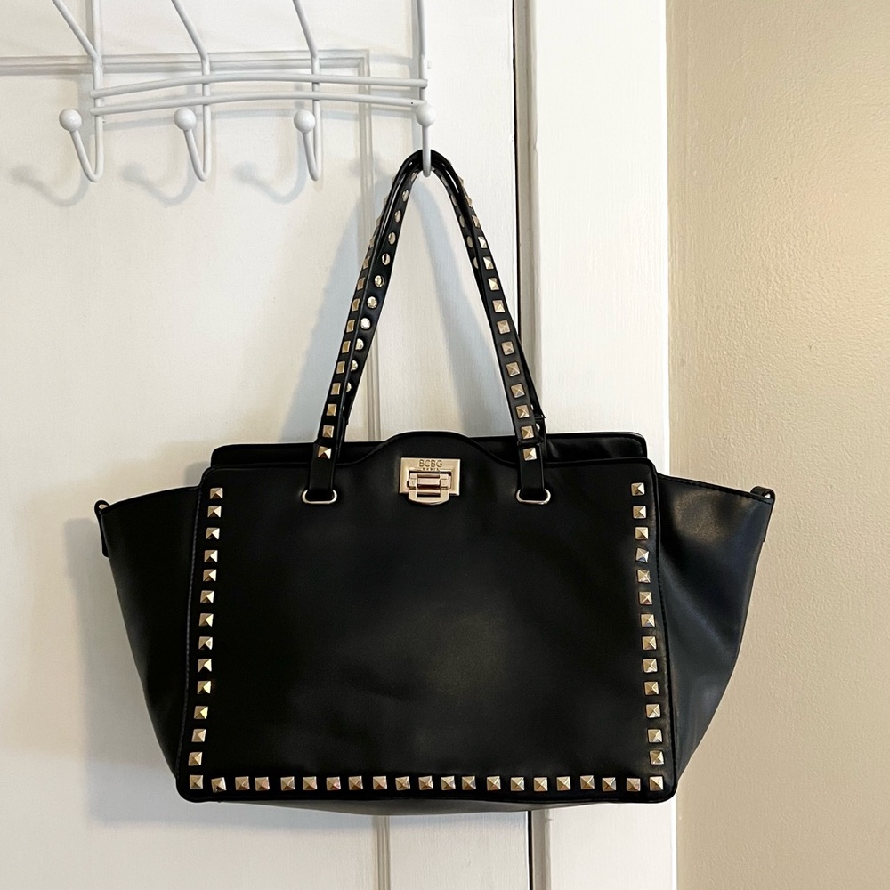 BCBG gold studded black trapeze tote bag Valentino